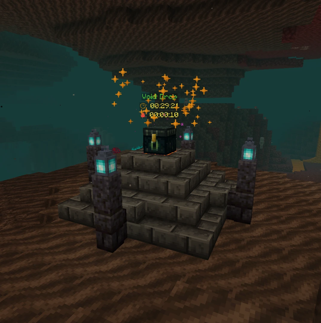 A Void Crate airdrop with a stone-brick structure and particle effects